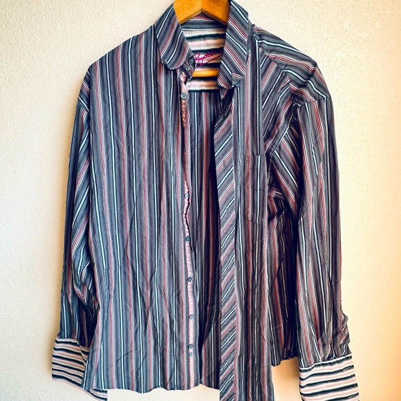Bugatchi Uomo Button Down Shirt Flip Cuffs Stripes Large Men 100% Cotton Purple - Picture 1 of 12